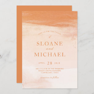 Coral and Peach Watercolor Wash Modern Wedding Invitation