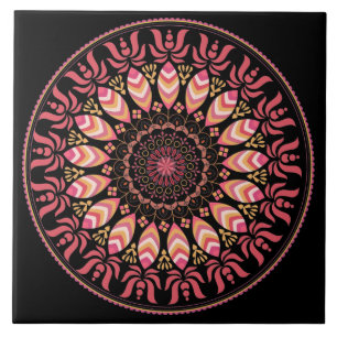 Coral And Pink Feather Mandala Ceramic Tile