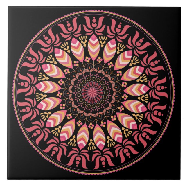 Coral And Pink Feather Mandala Ceramic Tile (Front)
