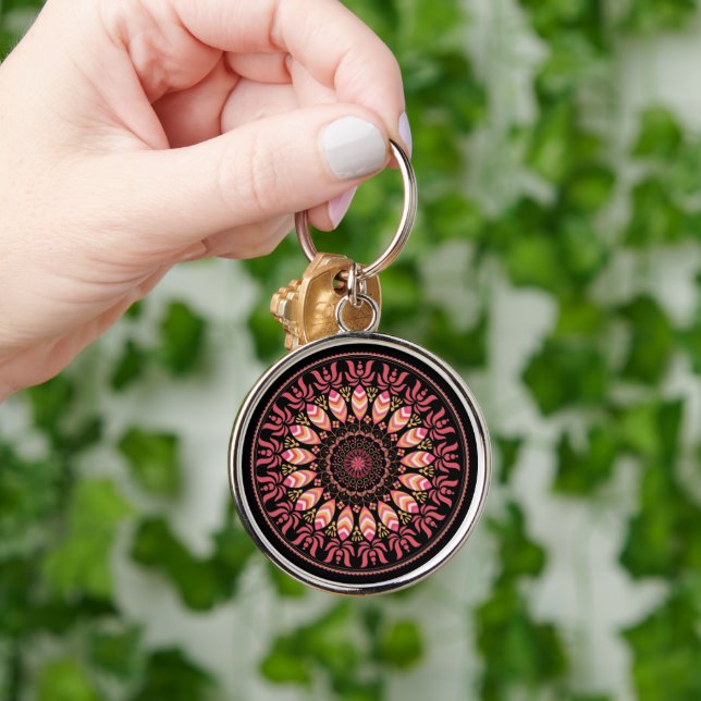Coral And Pink Feather Mandala Keychain (Hand)