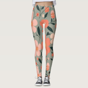 Coral and Pink Floral on Green Leggings