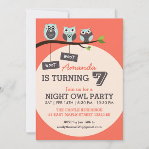Coral and Pink Night Owl Birthday Party Invitation