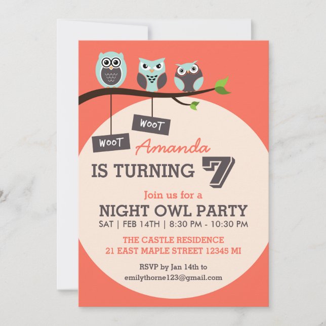 Coral and Pink Night Owl Birthday Party Invitation (Front)