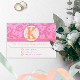 Coral and Pink Orange Damask Floral Monogram RSVP Card