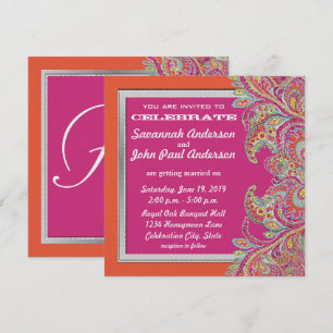 Coral and Pink Paisley Peacock Wedding Invitations