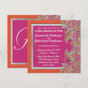 Coral and Pink Paisley Peacock Wedding Invitations