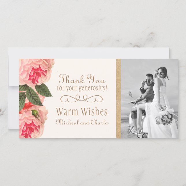 Coral and Pink Peonies Thank You Photo Card (4x8) (Front)