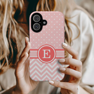 Coral and Pink Preppy Chevron Dots Monogram iPhone 16 Case