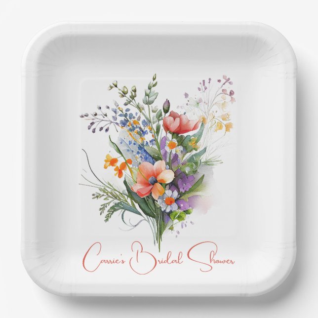 Coral and Purple Wildflowers Bridal Shower Paper Plate (Front)