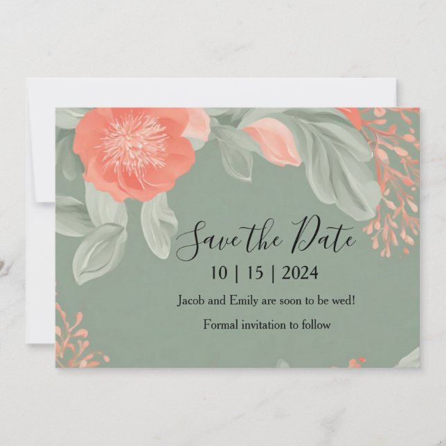 Coral and Sage - Romantic Save the Date Card (Front)