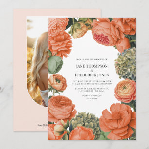 Coral and Sage Watercolor Floral Wedding Photo Invitation
