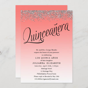 Coral and Silver Quinceanera Birthday Invitation