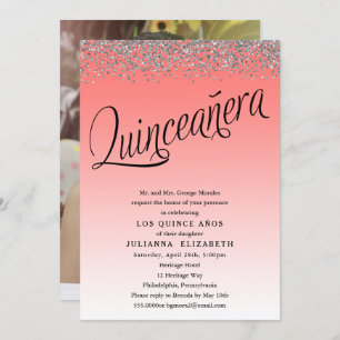 Coral and Silver Quinceanera Photo Invitation