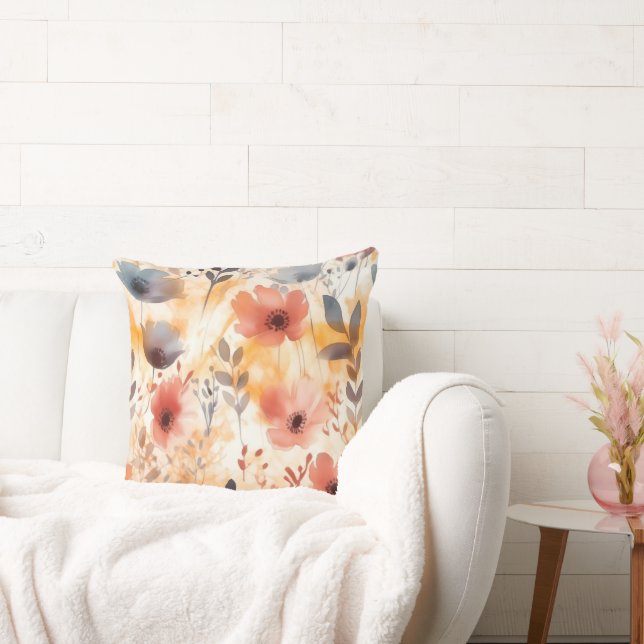 Coral and Smoky Blue Modern Art Flowers Cushion (Couch)