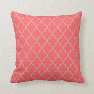 Coral and Tan Quatrefoil Design Cushion