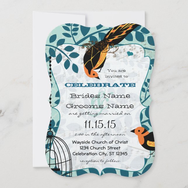Coral and Teal Art Deco Inspired Birds Invitation (Front)