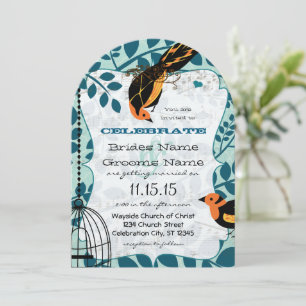 Coral and Teal Art Deco Inspired Birds Invitation