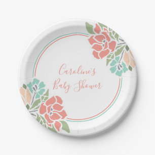 Coral and Teal Floral Baby Shower Paper Plate