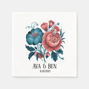 Coral and Teal Peonies Gold Bouquet Wedding Rings Napkin
