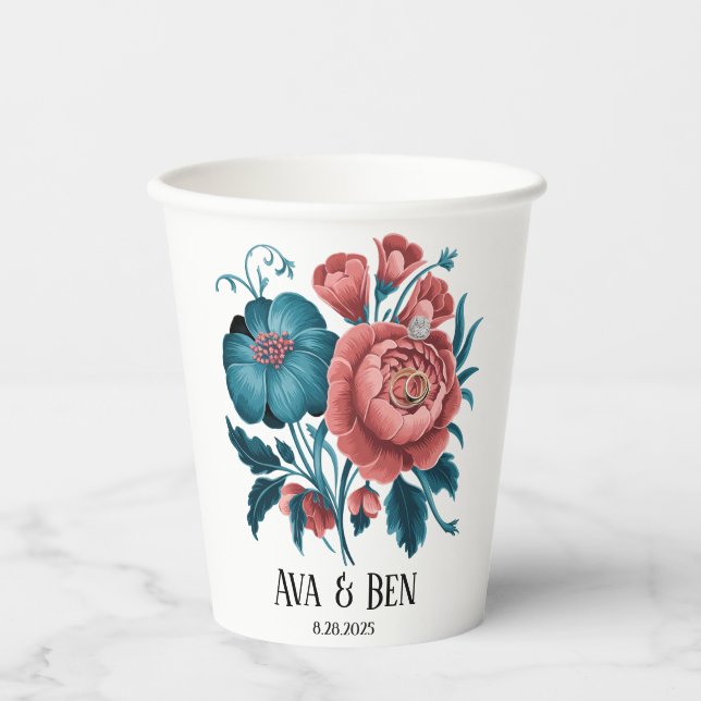 Coral and Teal Peonies Gold Bouquet Wedding Rings Paper Cups (Front)