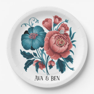 Coral and Teal Peonies Gold Bouquet Wedding Rings Paper Plate