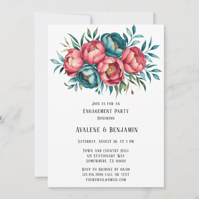 Coral and Teal Peonies Gold Engagement Party Invitation (Front)