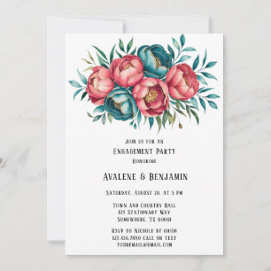 Coral and Teal Peonies Gold Engagement Party Invitation