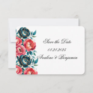 Coral and Teal Peonies Gold Wedding Save The Date