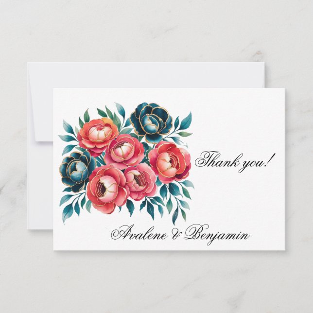 Coral and Teal Peonies Gold Wedding Thank You Card (Front)