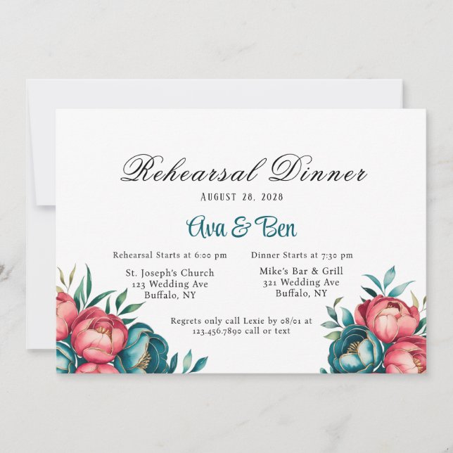 Coral and Teal Peony Rehearsal Dinner Invitation (Front)