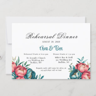 Coral and Teal Peony Rehearsal Dinner Invitation