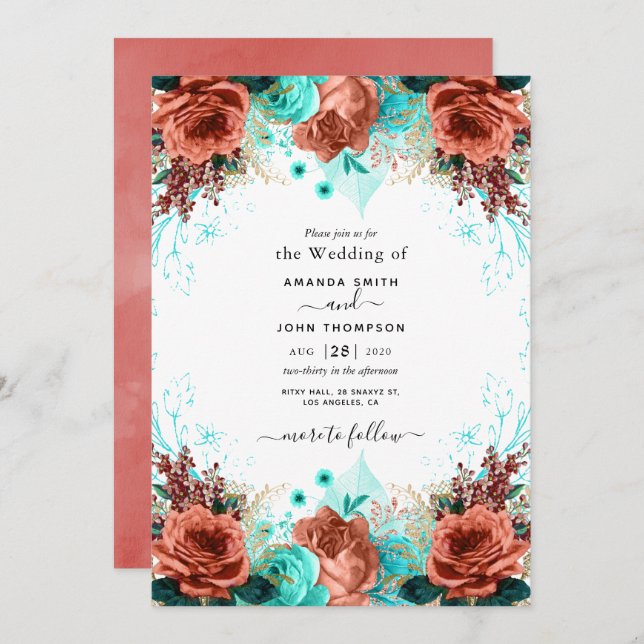 Coral and Teal Wedding Invitation (Front/Back)