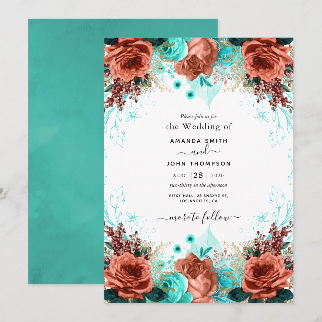 Coral and Teal Wedding Invitation (Front/Back)