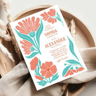 Coral and Turquoise Boho Retro Wedding Invitation