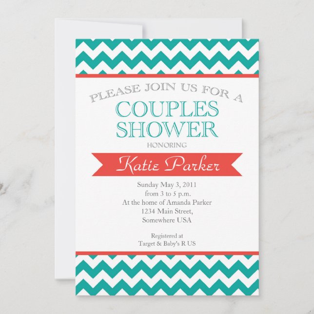 Coral and  turquoise Couples Bridal Shower Invite (Front)