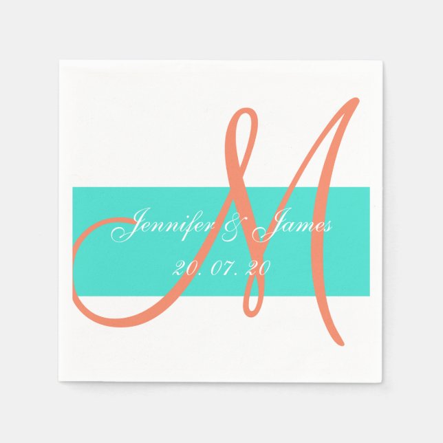 Coral and Turquoise Modern Wedding Paper Napkins (Front)
