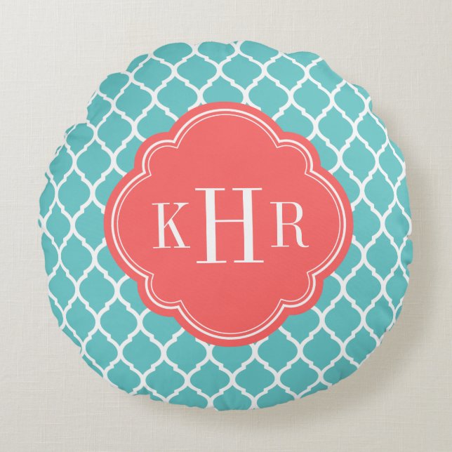 Coral and Turquoise Moroccan Quatrefoil Monogram Round Cushion (Front)