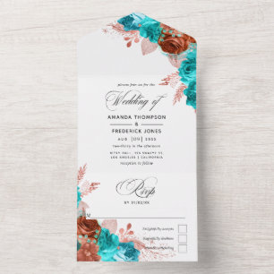 Coral and Turquoise Watercolor Floral Wedding All  All In One Invitation