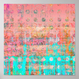 Coral and Turquoise Weathered Polka Dot Paint Poster