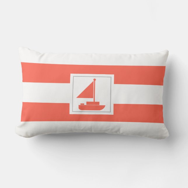 Coral and White Cabana Stripe with Sailboat Lumbar Cushion (Front)