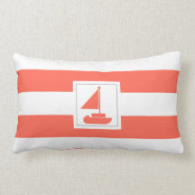 Coral and White Cabana Stripe with Sailboat