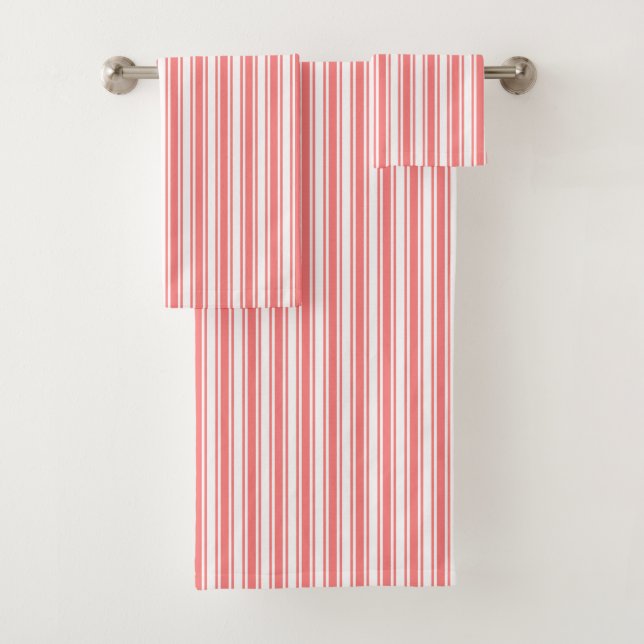 Coral and white candy stripes bath towel set (Insitu)
