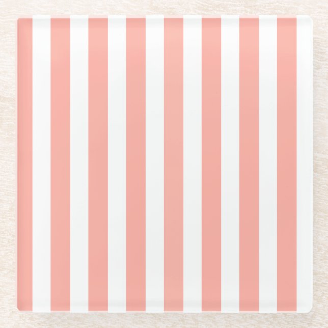 Coral and white candy stripes glass coaster (Front)