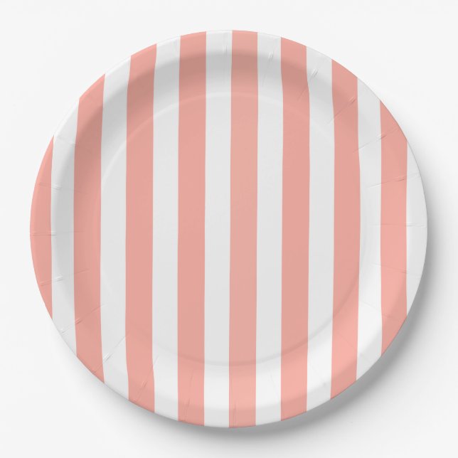 Coral and white candy stripes paper plate (Front)