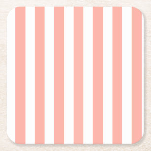 Coral and white candy stripes square paper coaster