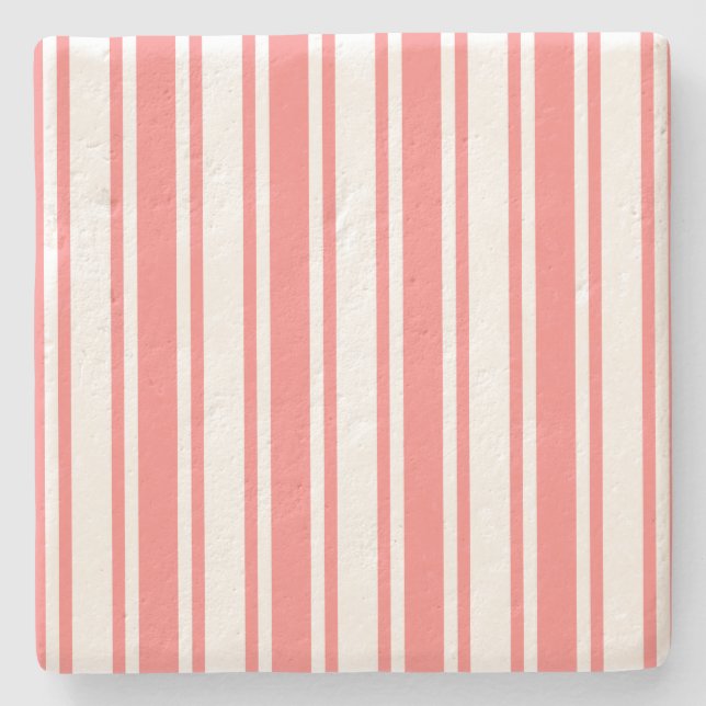 Coral and white candy stripes stone coaster (Front)