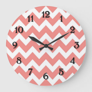 Coral and White Chevron Large Clock