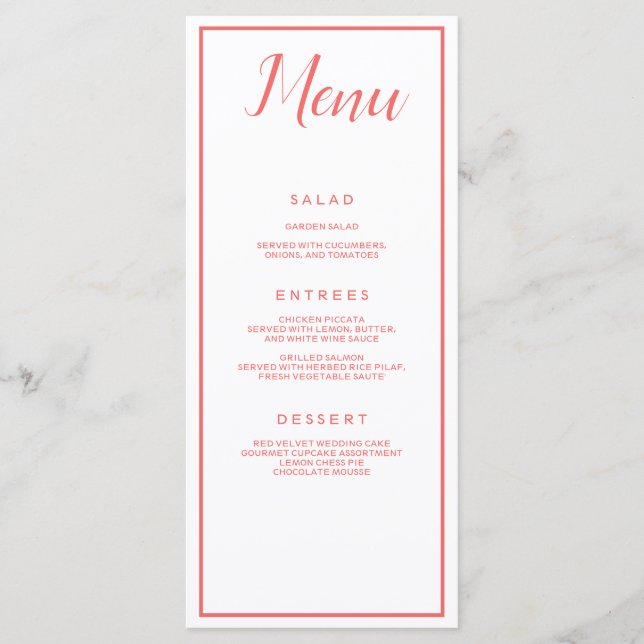Coral and White Classic Menu (Front)