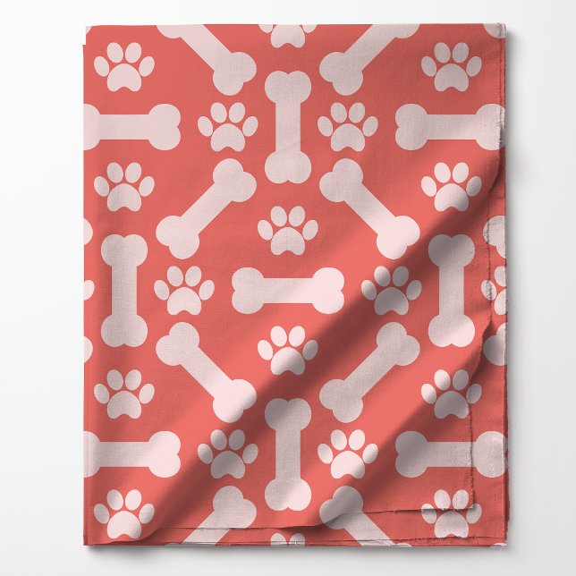 Coral and White Dog Bones and Paw Prints Pattern Fabric (Creator Uploaded)