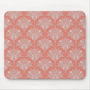 Coral and White Elegant Floral Damask Mouse Mat